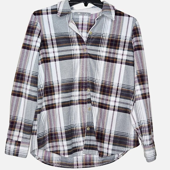 Womens cottagecore country Plaid Button-Up Shirt S White Purple Yellow Polyester - Picture 1 of 10